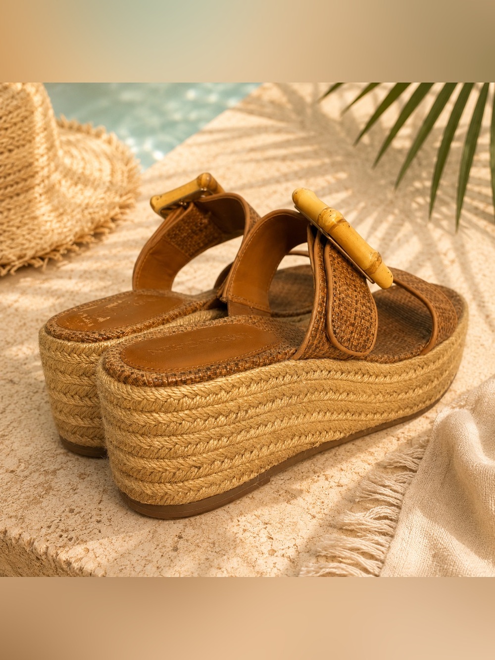 J. McLaughlin Fleur Raffia Espadrille Platform Wedge Sandals Bamboo Buckle Sz 6 - Picture 4 of 8
